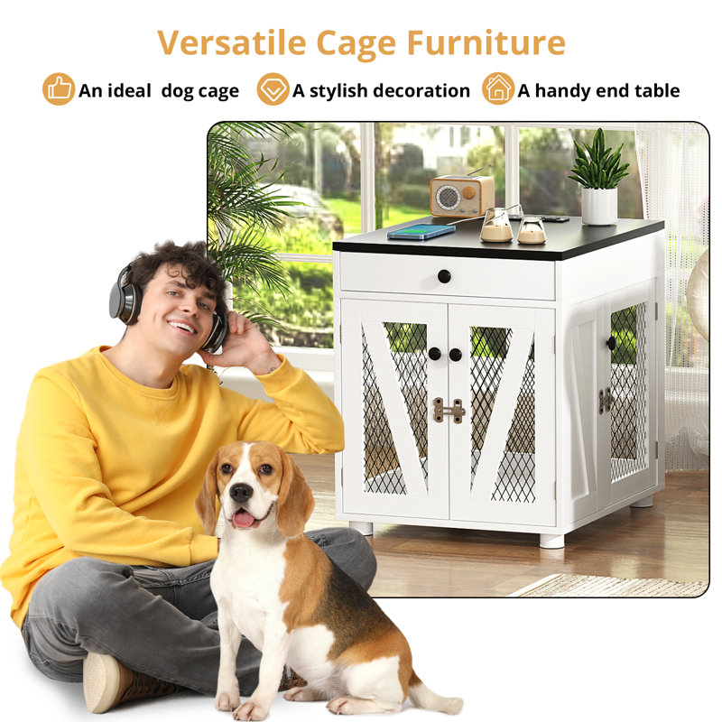 Dog Crate Furniture Wooden Dog Kennel End Table with USB Charging Station Storage Drawer Double Latched Door Farmhouse Furniture Style Crate Side
